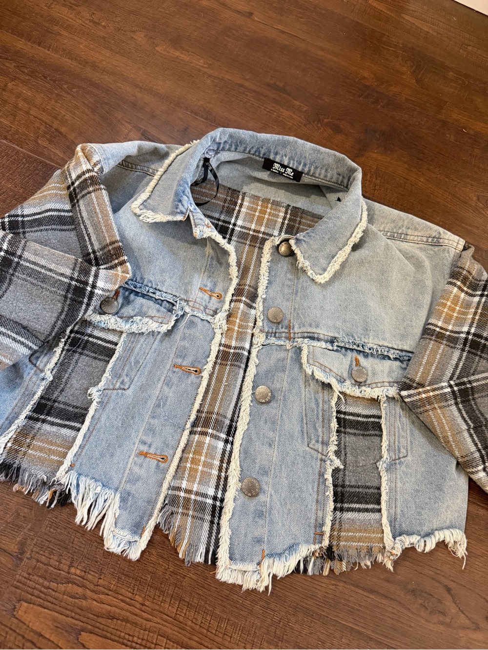 Miss Me- Cropped Denim & Plaid Patchwork Jacket - Light Blue (XS)